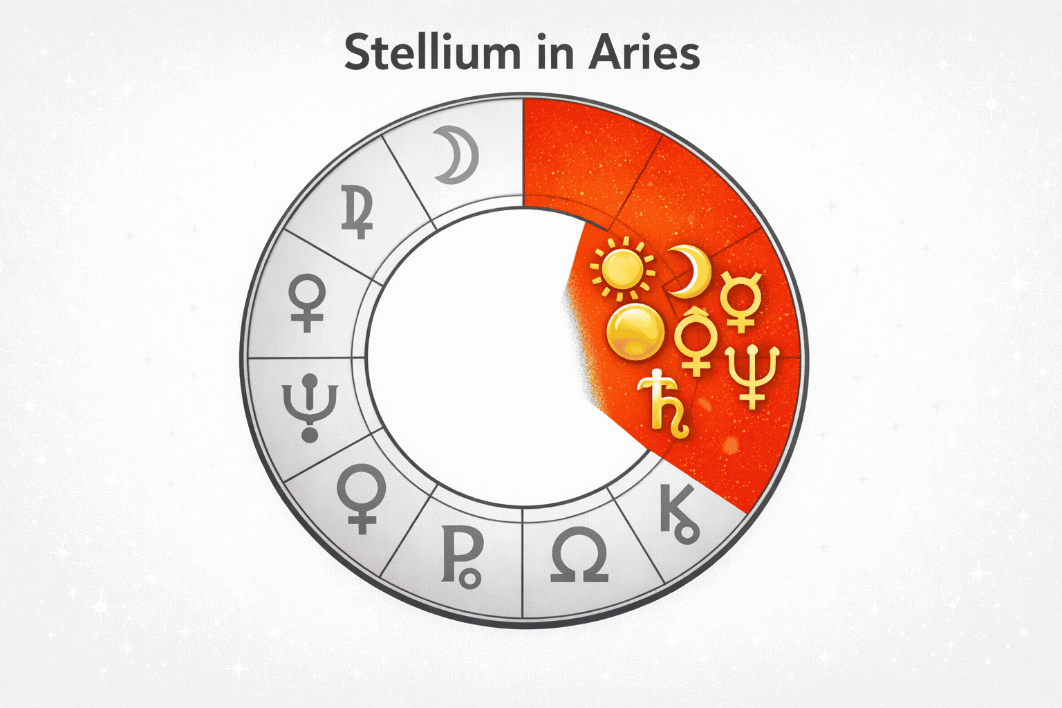 () conceptual illustration of an Aries stellium definition: a circular natal chart wheel with six bright golden planet