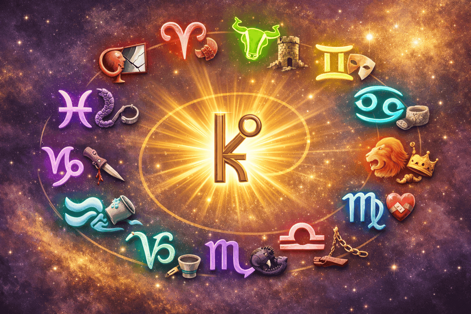 () conceptual illustration showing 12 zodiac sign symbols arranged in a spiral, each glowing in a unique color, with