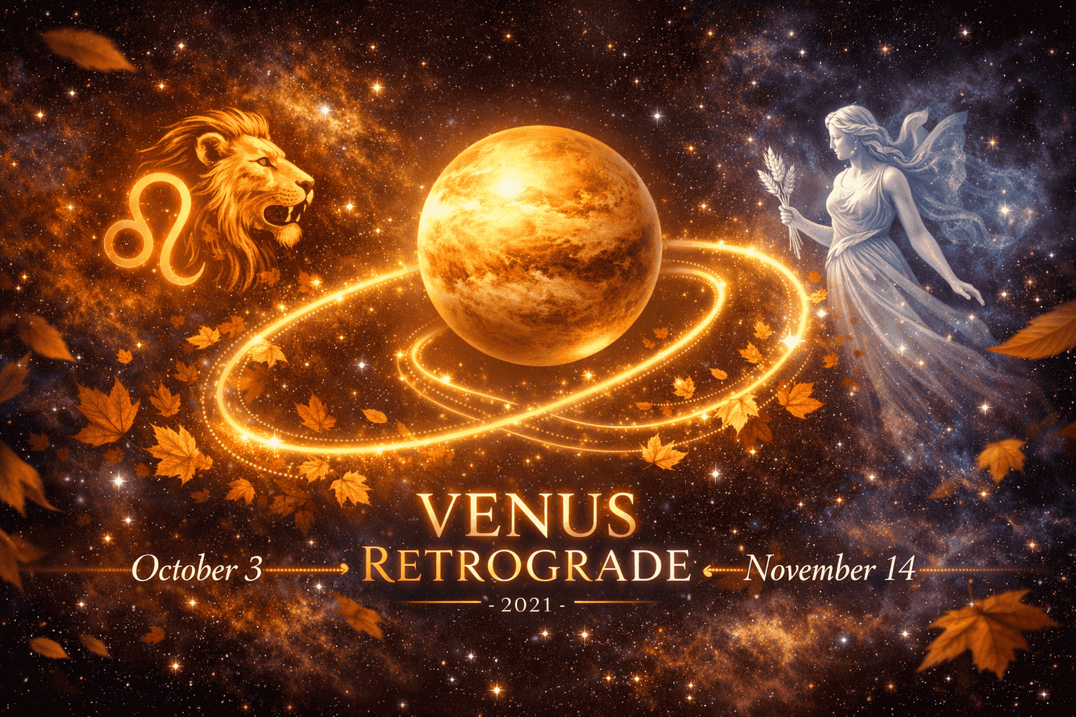 () conceptual illustration showing Venus as a luminous golden planet moving in a retrograde loop against a starfield, with