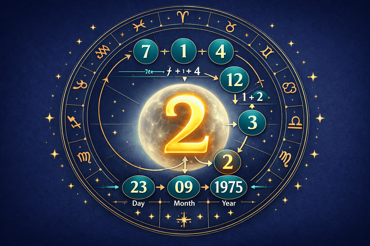 () conceptual illustration showing a glowing number 2 in gold against a deep indigo background, surrounded by a circular