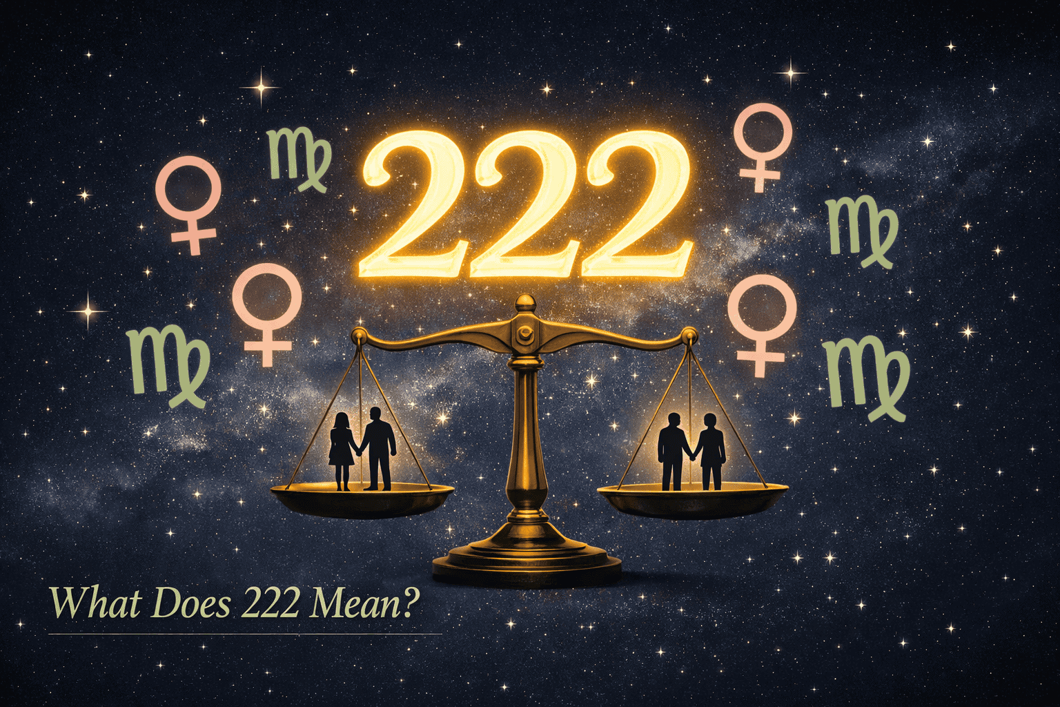 () conceptual illustration showing the number 222 in luminous gold floating above a balanced scale, surrounded by soft pink