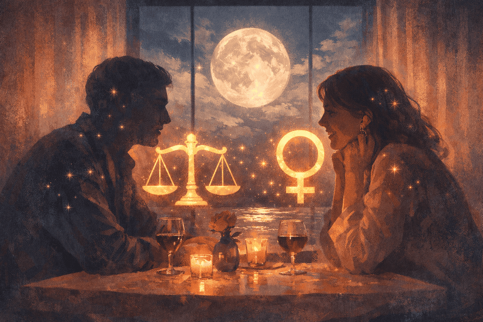 () conceptual illustration showing two figures in warm conversation across a softly lit table, their silhouettes overlaid