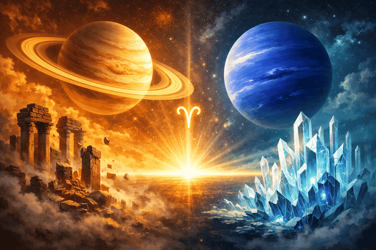 () conceptual illustration showing two massive planets — Saturn with golden rings and Neptune in deep ocean blue —