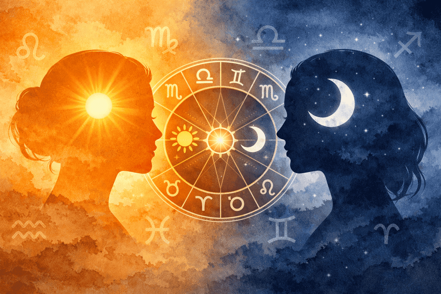 () conceptual illustration showing two symbolic portrait silhouettes side by side — one bathed in warm golden sunlight