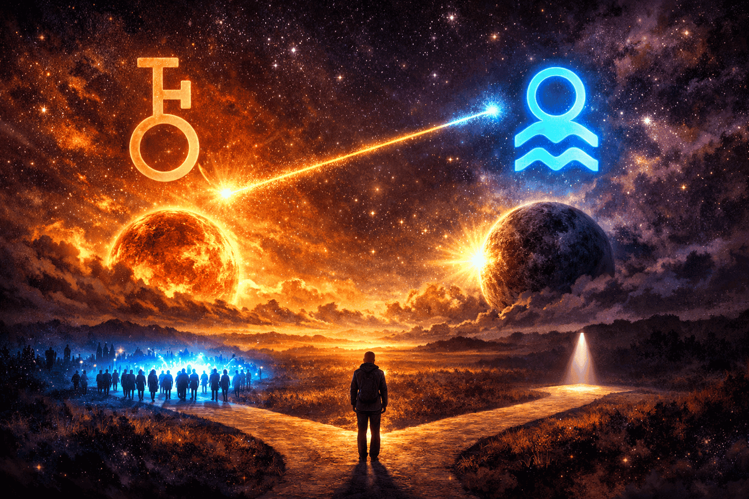 () cosmic healing scene showing the Chiron symbol in earthy terracotta tones (representing Chiron in Taurus) connected by a