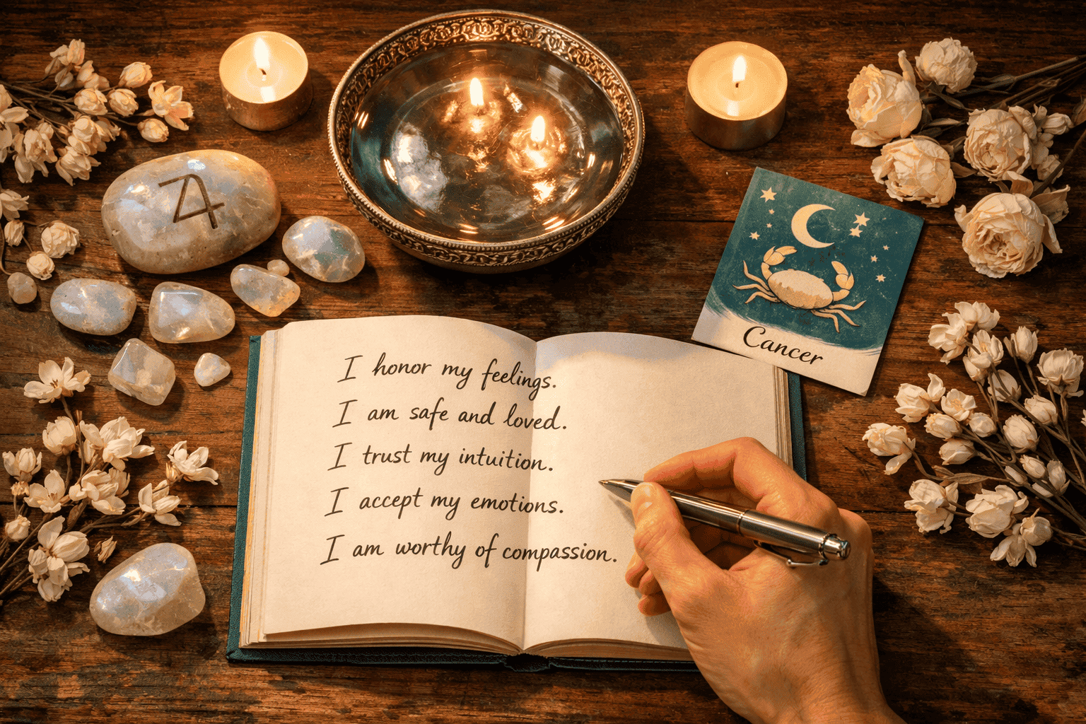 () cozy ritual scene from a bird's-eye perspective: a wooden table with moonstone crystals, a silver bowl of water