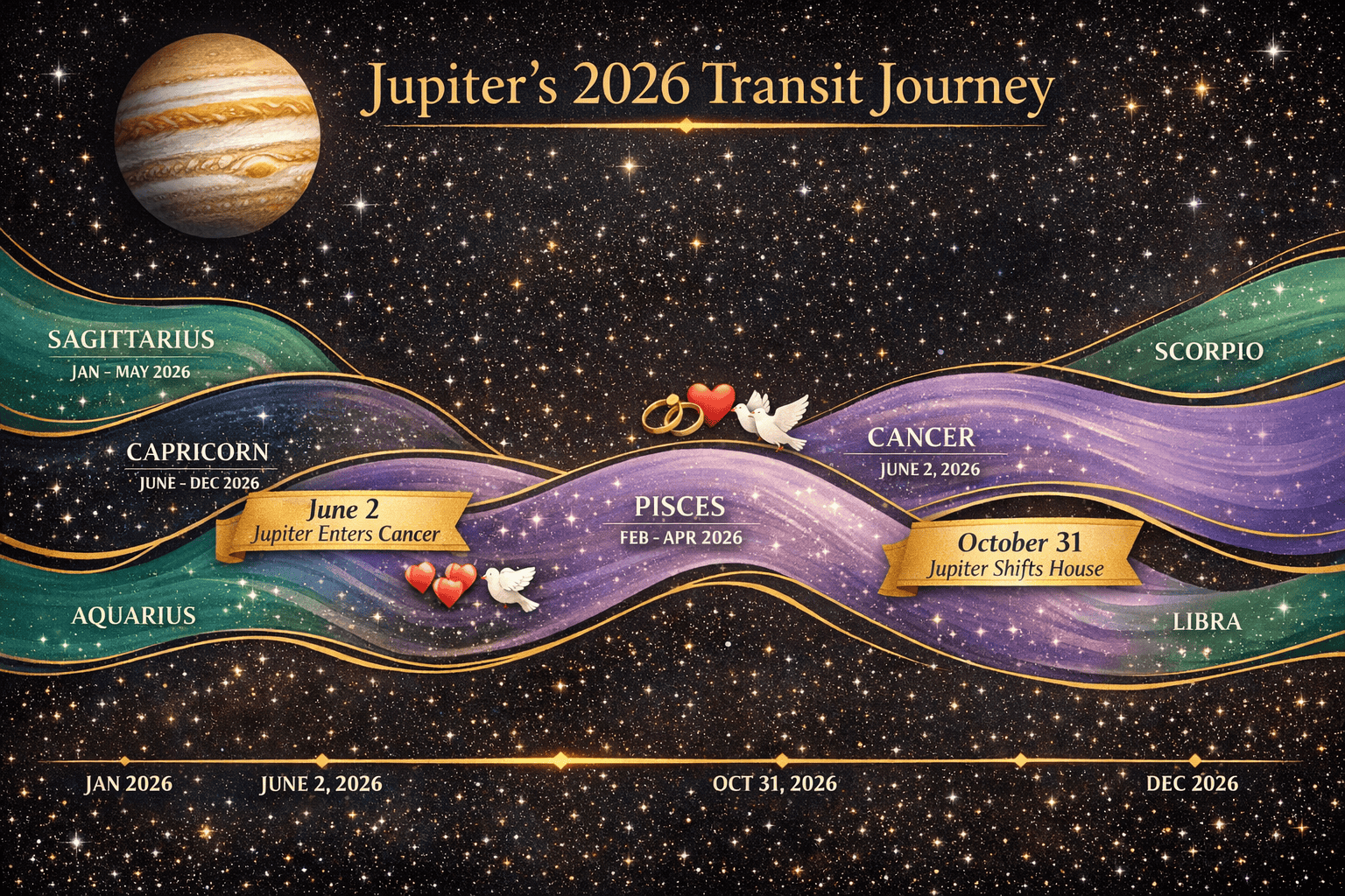 () detailed astrological calendar-style infographic showing Jupiter's 2026 transit timeline as a flowing celestial river