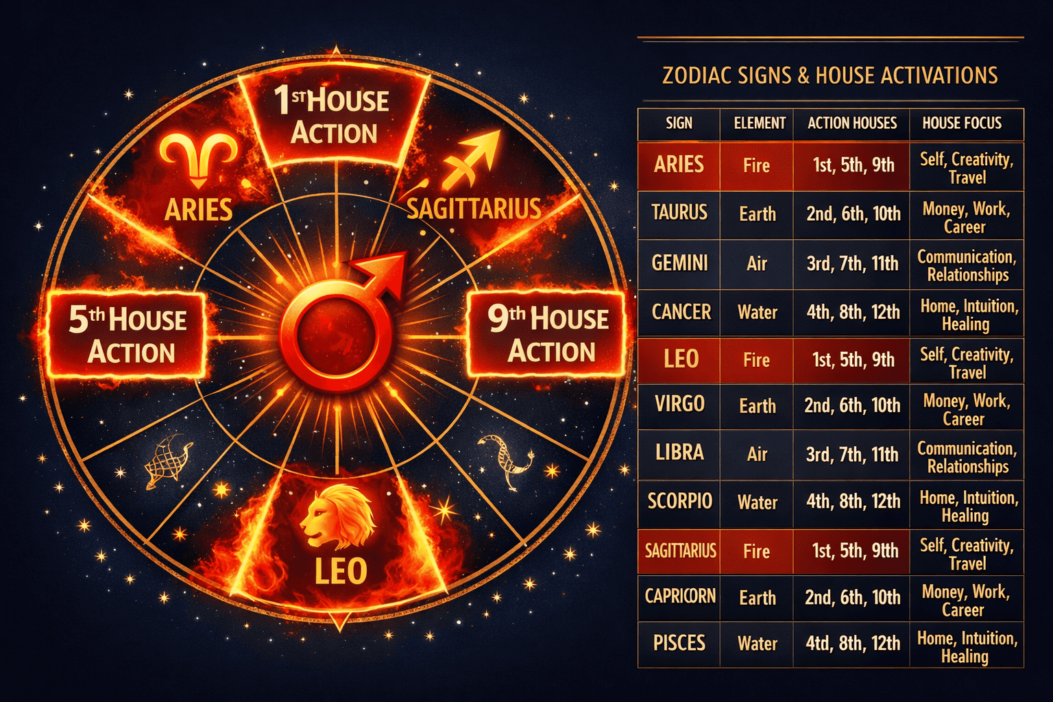 () detailed astrology diagram showing a circular natal chart with fire signs Aries, Leo, and Sagittarius highlighted in