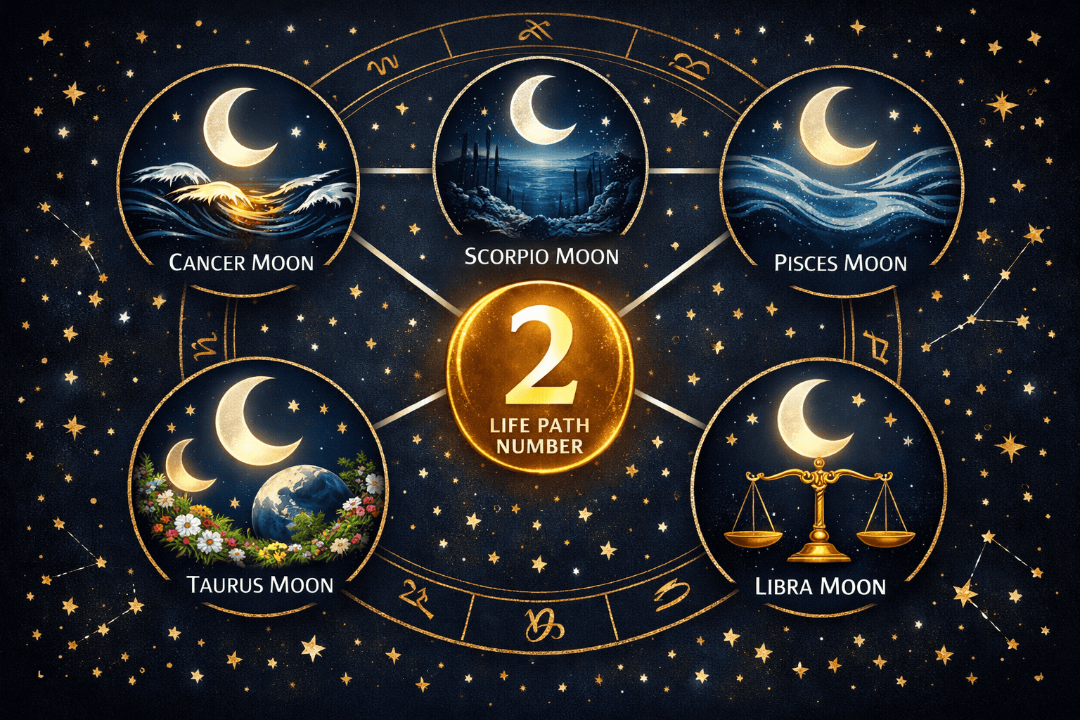 () detailed compatibility chart visualization showing Life Path Number 2 at center in glowing gold circle, connected by