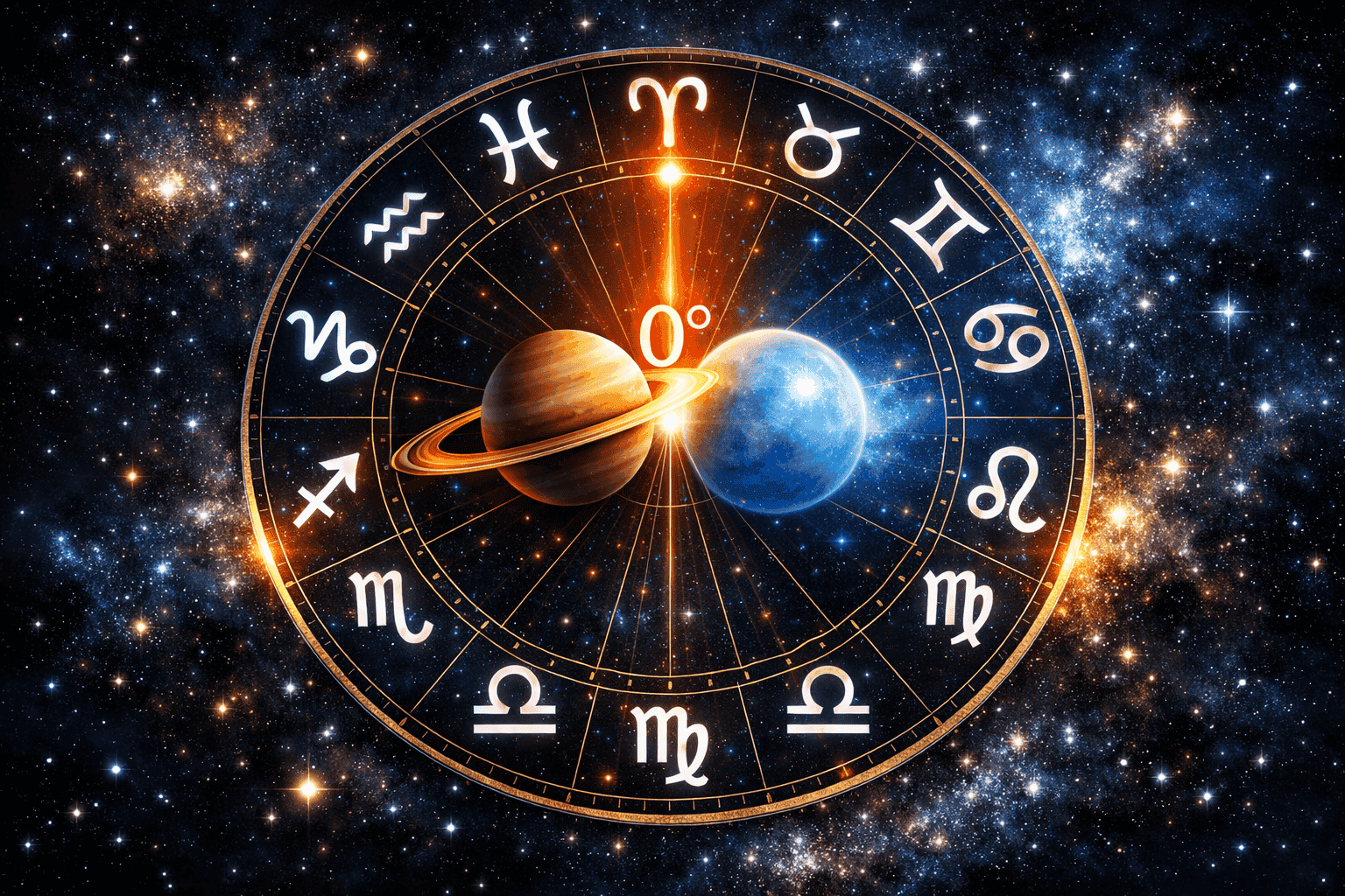 () detailed illustration of a celestial birth chart wheel glowing in deep space, with Aries highlighted at 0 degrees in