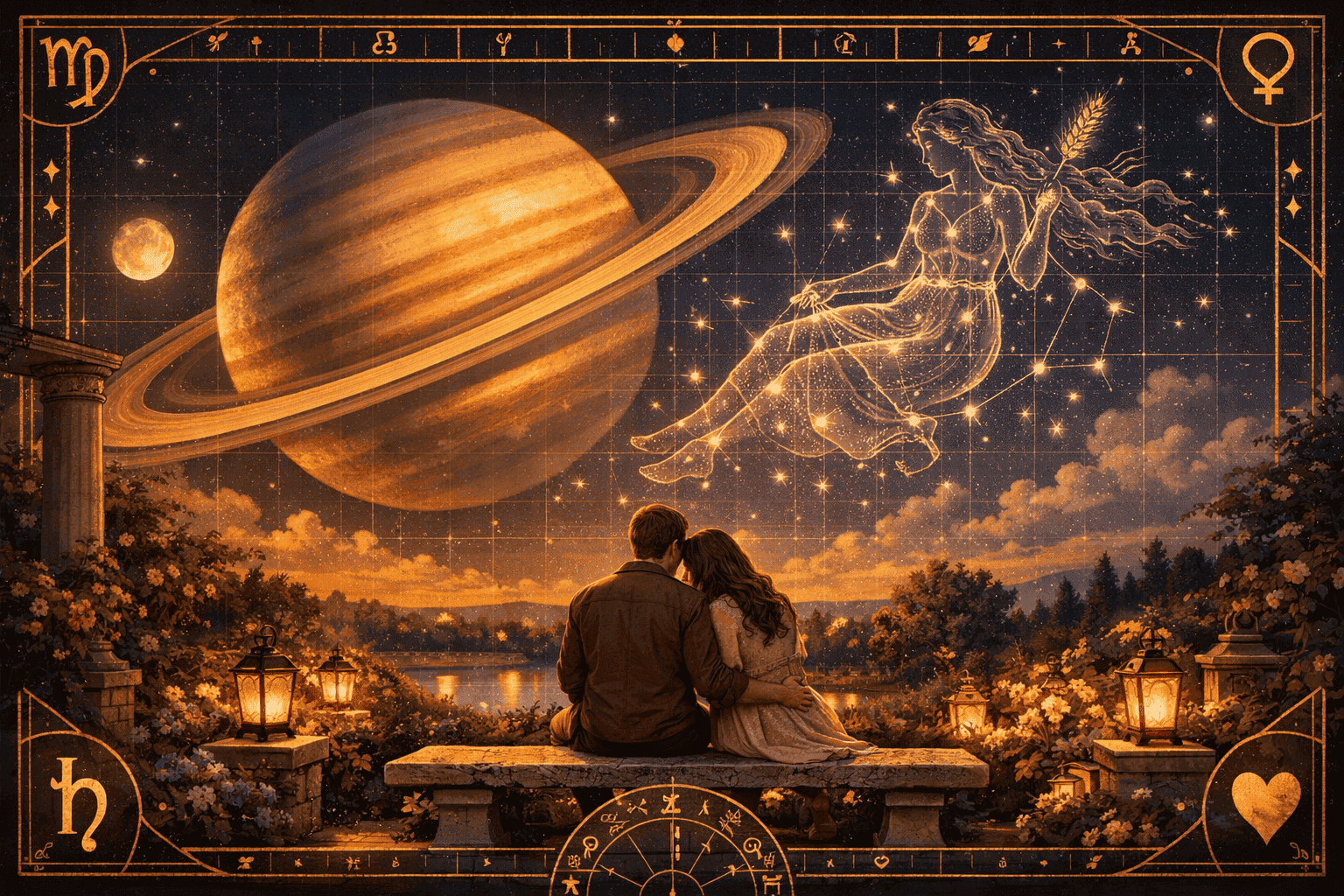 () detailed illustration showing Saturn's golden ringed planet looming large over a serene couple sitting on a stone bench