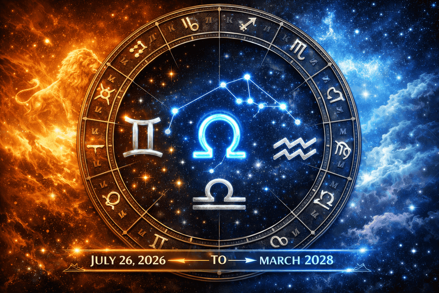 () detailed illustration showing a celestial wheel with the North Node symbol (horseshoe shape) glowing in electric blue