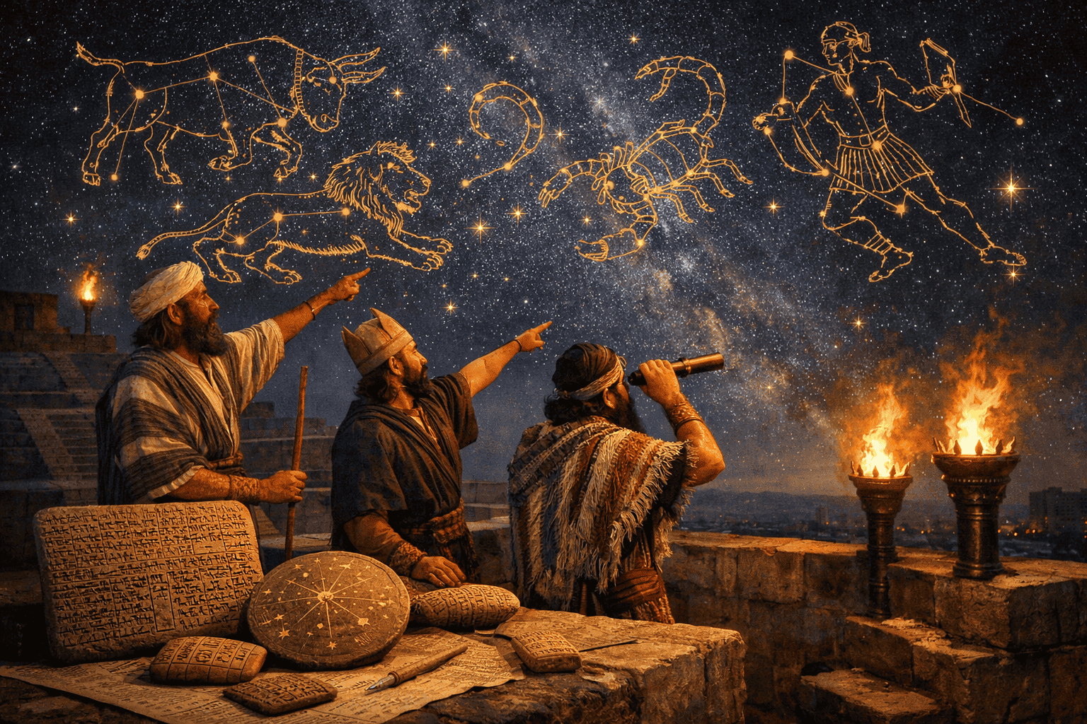 () detailed illustration showing ancient Mesopotamian astronomers in a stepped ziggurat observatory at night, pointing at a