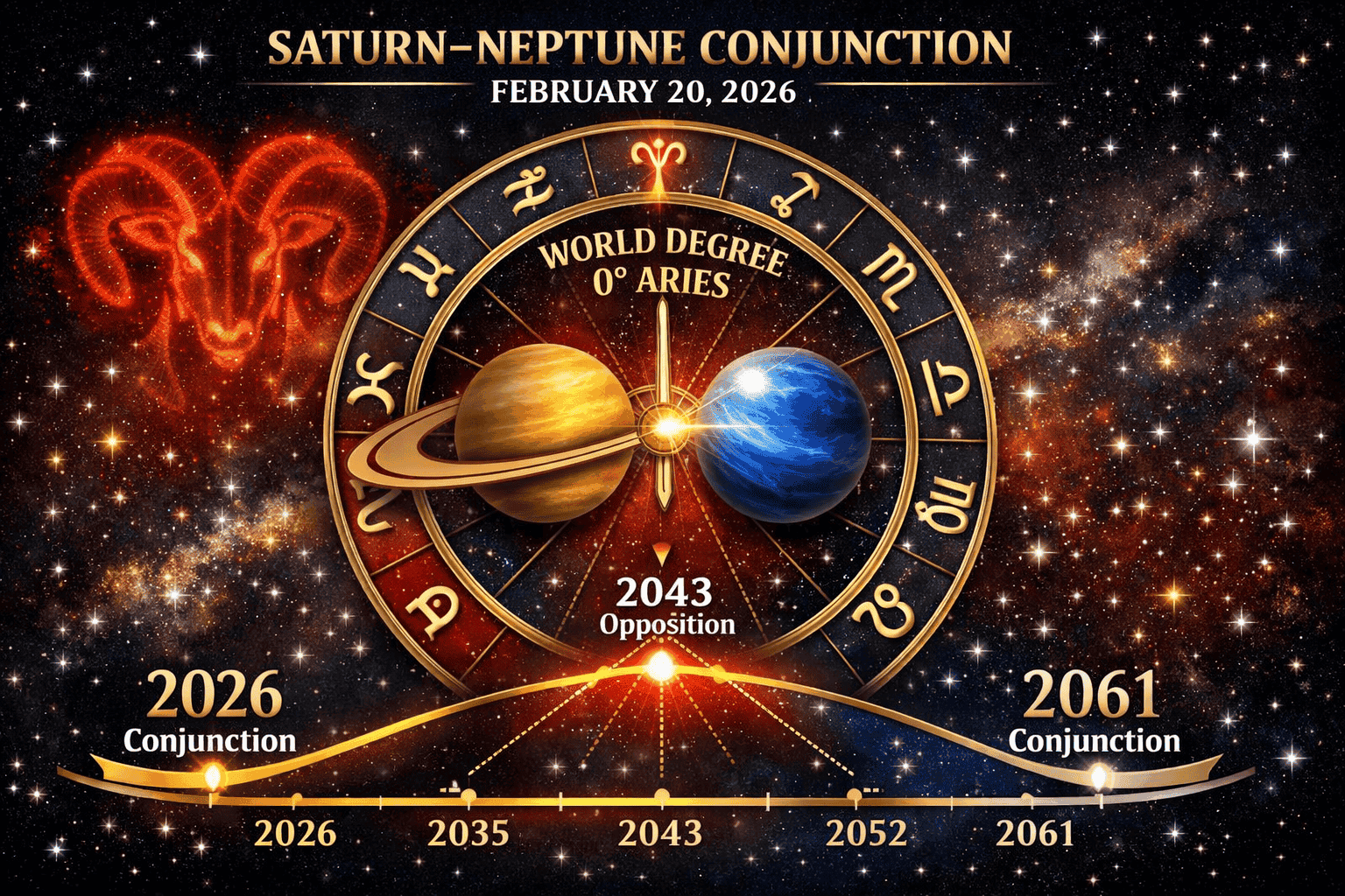 () detailed illustration showing the February 20, 2026 Saturn-Neptune conjunction moment: a celestial clock face overlaid on