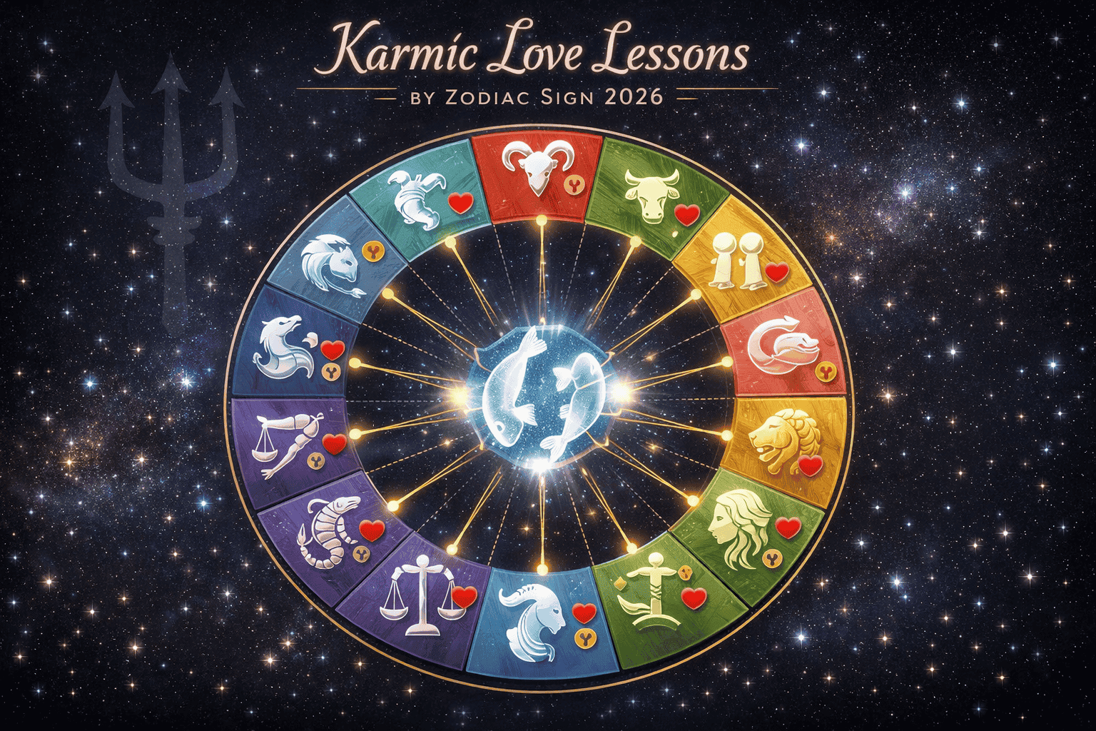 () detailed infographic-style illustration showing a circular zodiac wheel with all 12 signs highlighted in soft pastel