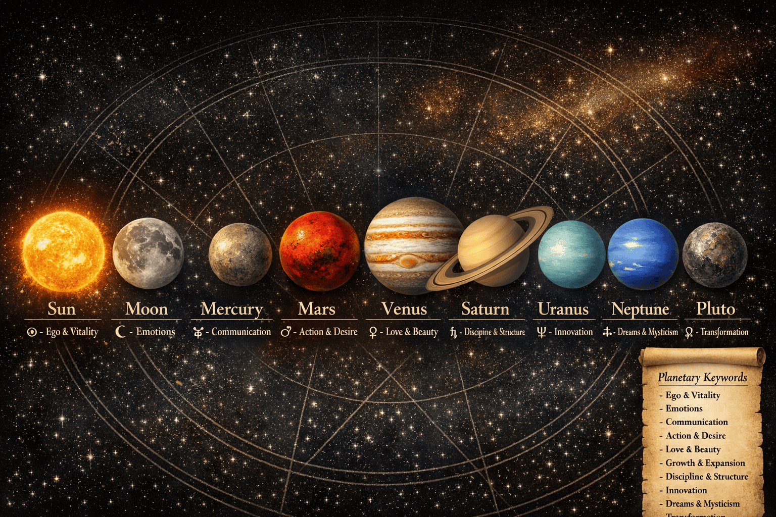 () detailed infographic-style image of the ten classical astrological planets arranged in a solar system arc, each labeled