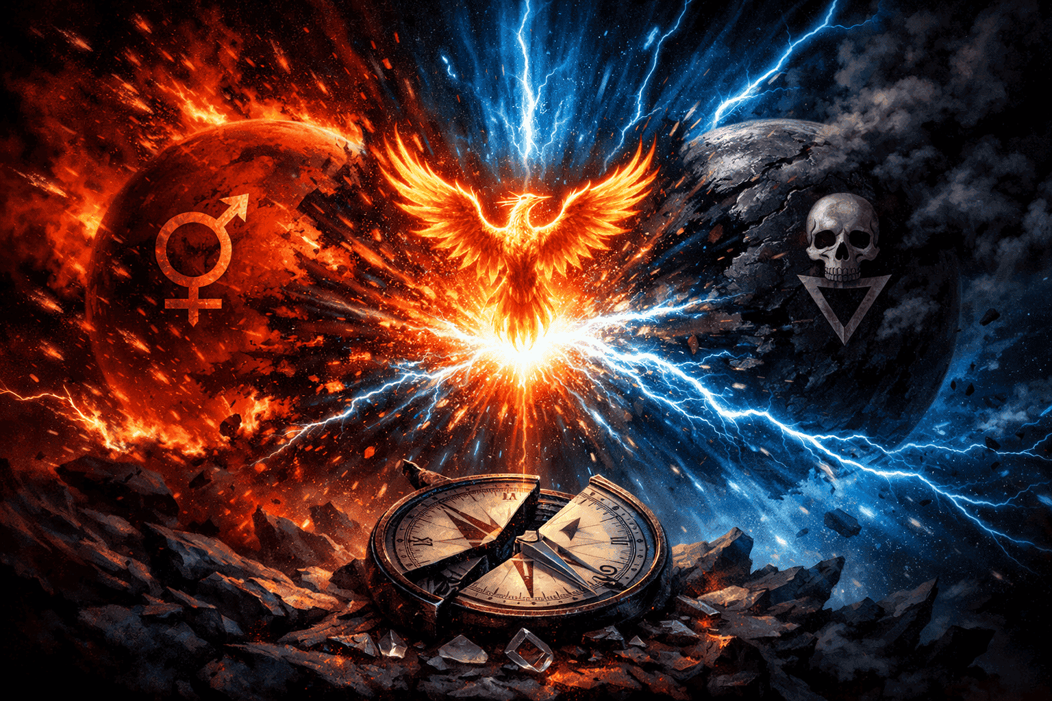 () dramatic concept illustration showing two massive planetary forces colliding in symbolic energy: a fiery red Mars force