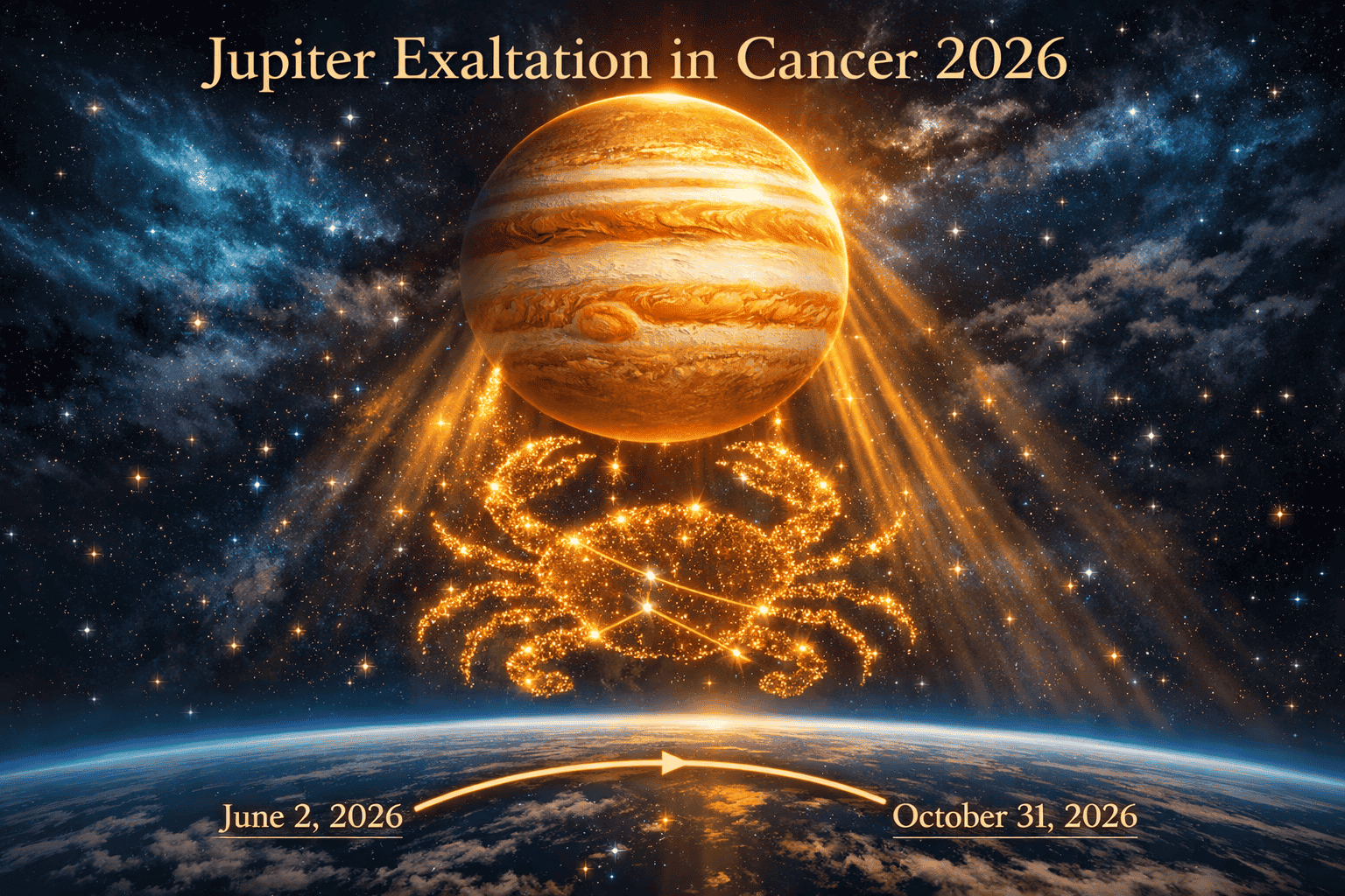 () dramatic cosmic scene depicting Jupiter as a massive glowing amber-gold planet entering the Cancer constellation, viewed