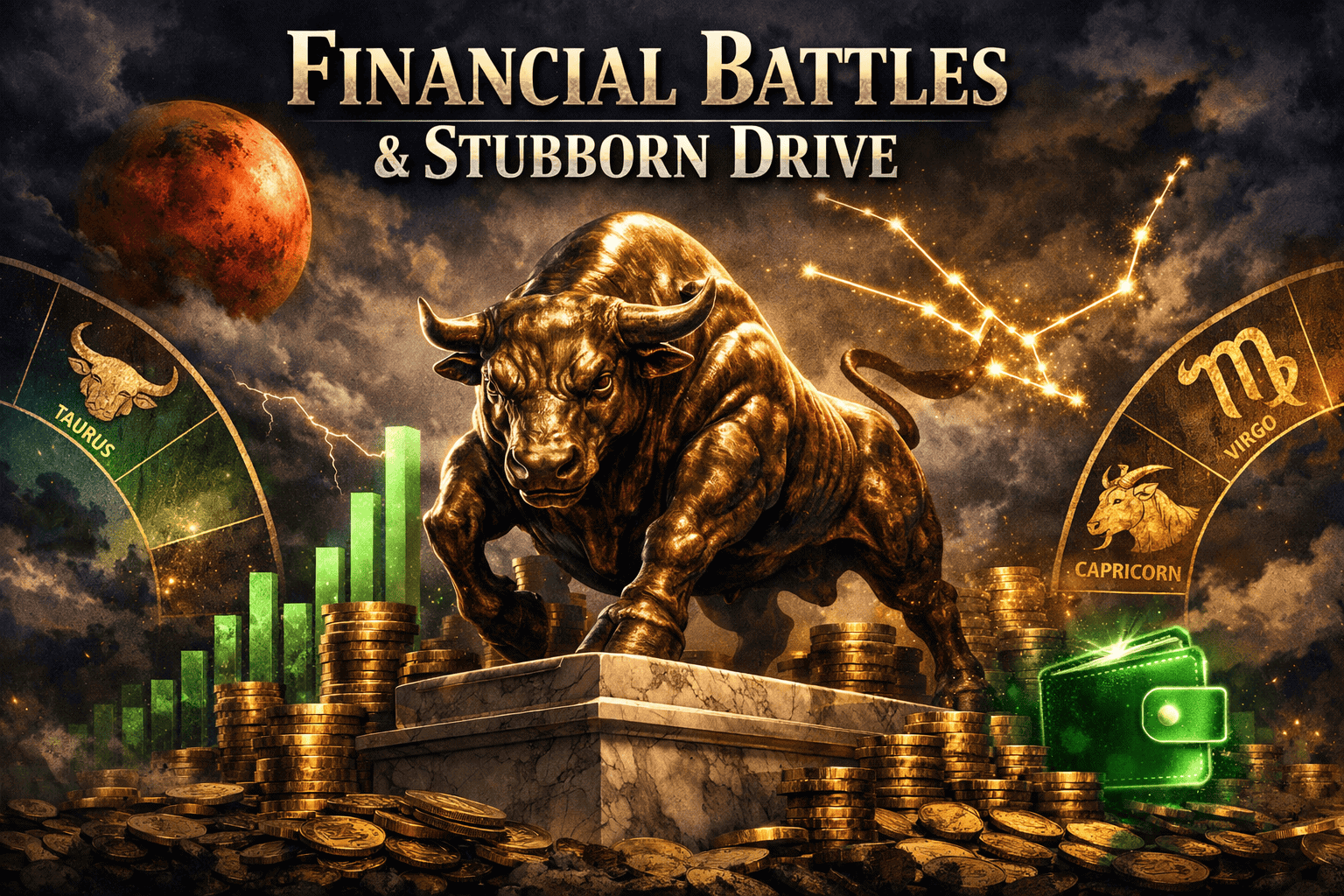 () dramatic financial battle scene: a bronze Taurus bull statue on a marble pedestal surrounded by stacks of gold coins,