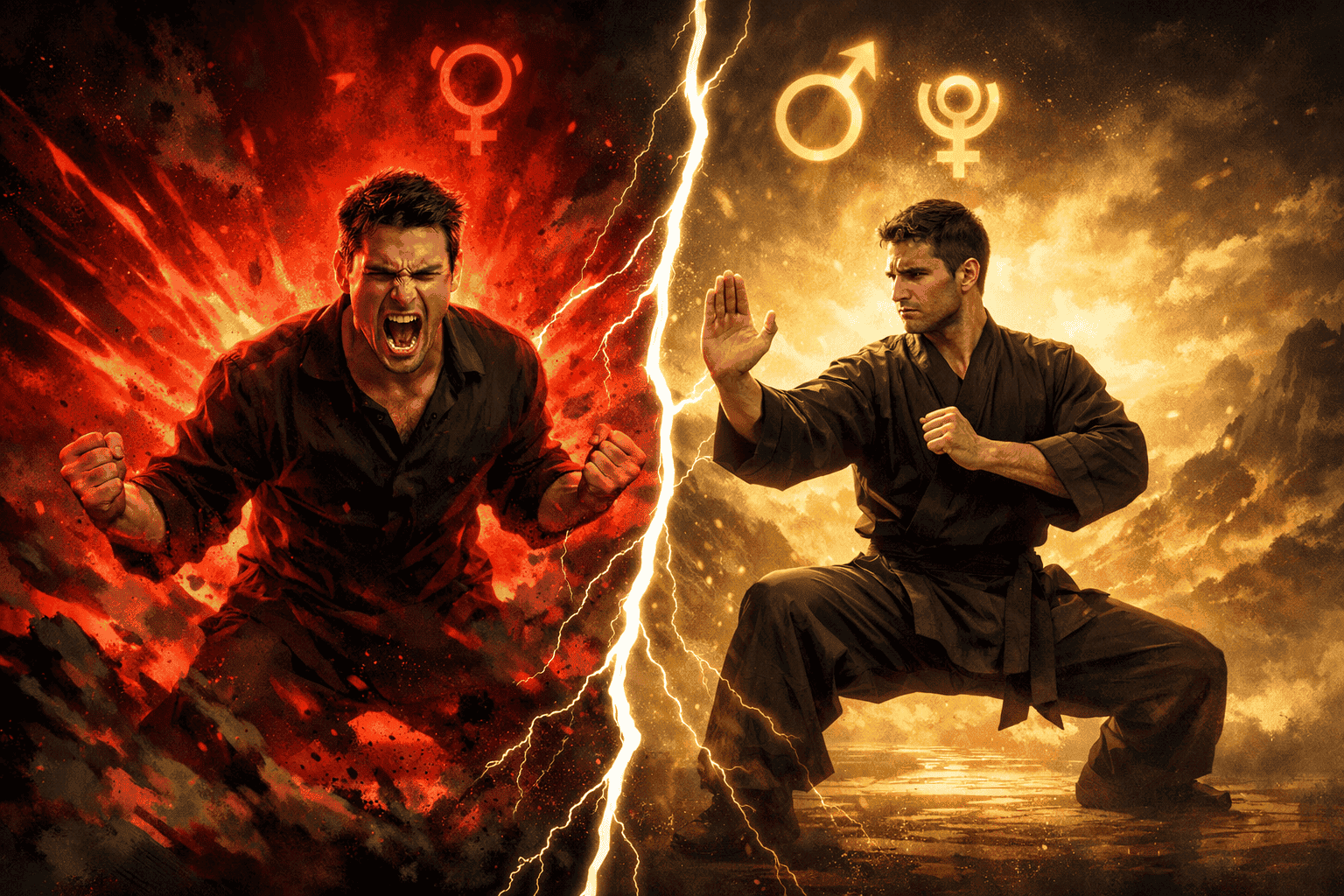 () dramatic split-scene illustration contrasting two expressions of Mars-Pluto square energy: left side shows a figure in
