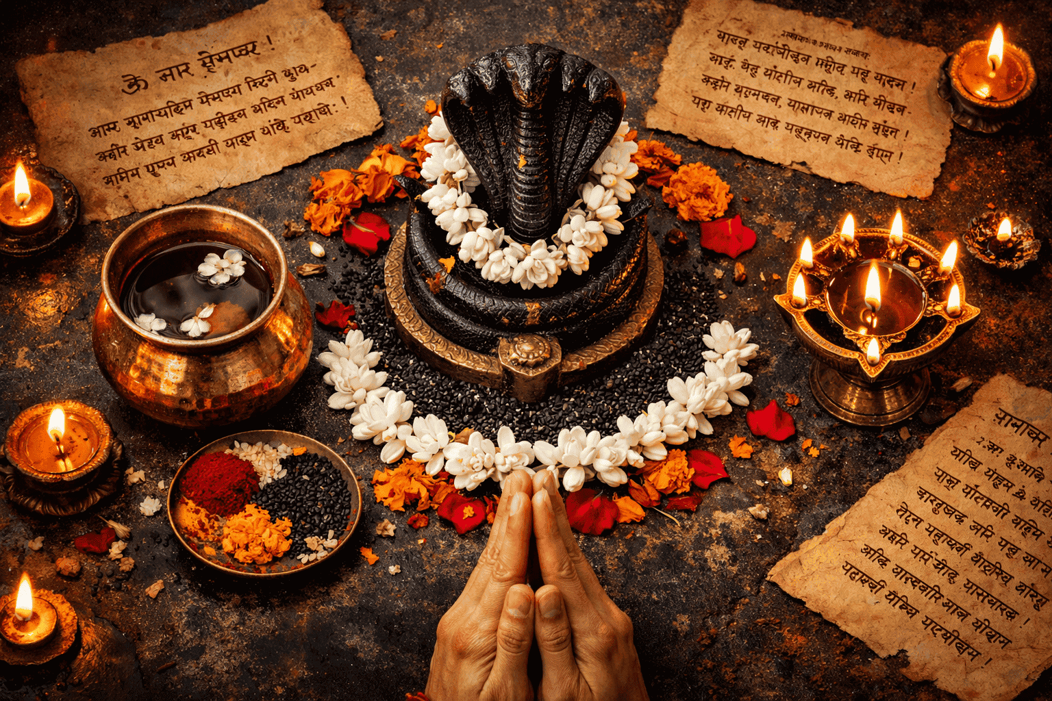 () dramatic top-down view of a ritual remediation scene: a circular arrangement of sacred objects including a Naga idol,