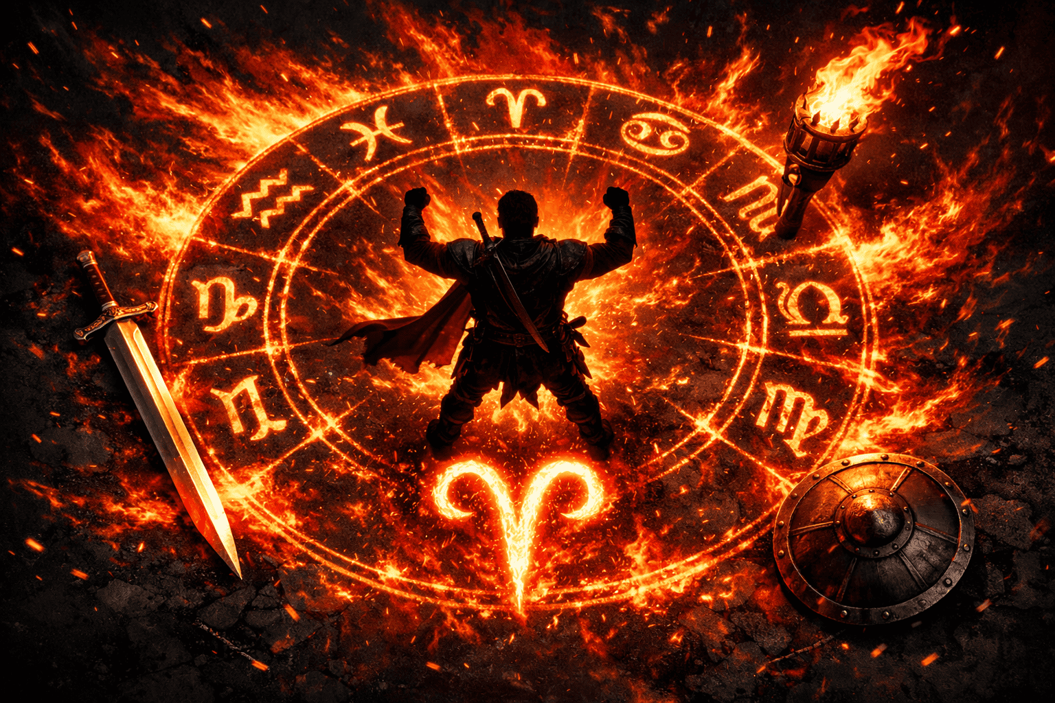 () dramatic top-down view of a warrior figure in silhouette standing at the center of a glowing zodiac circle, arms raised