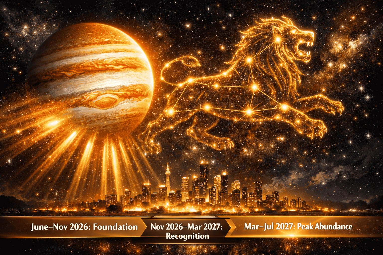 () dynamic cosmic scene showing Jupiter as a massive glowing orange-gold planet entering the Leo constellation, with the