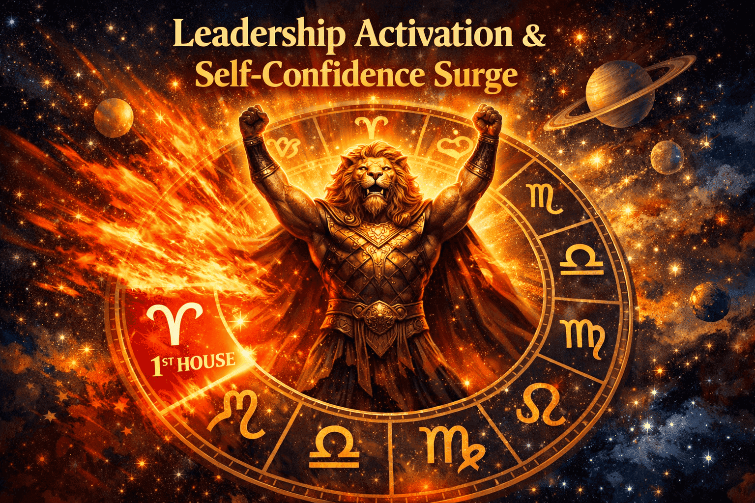 () dynamic illustration of a glowing golden lion-headed figure in leadership pose, arms raised, standing at the center of a