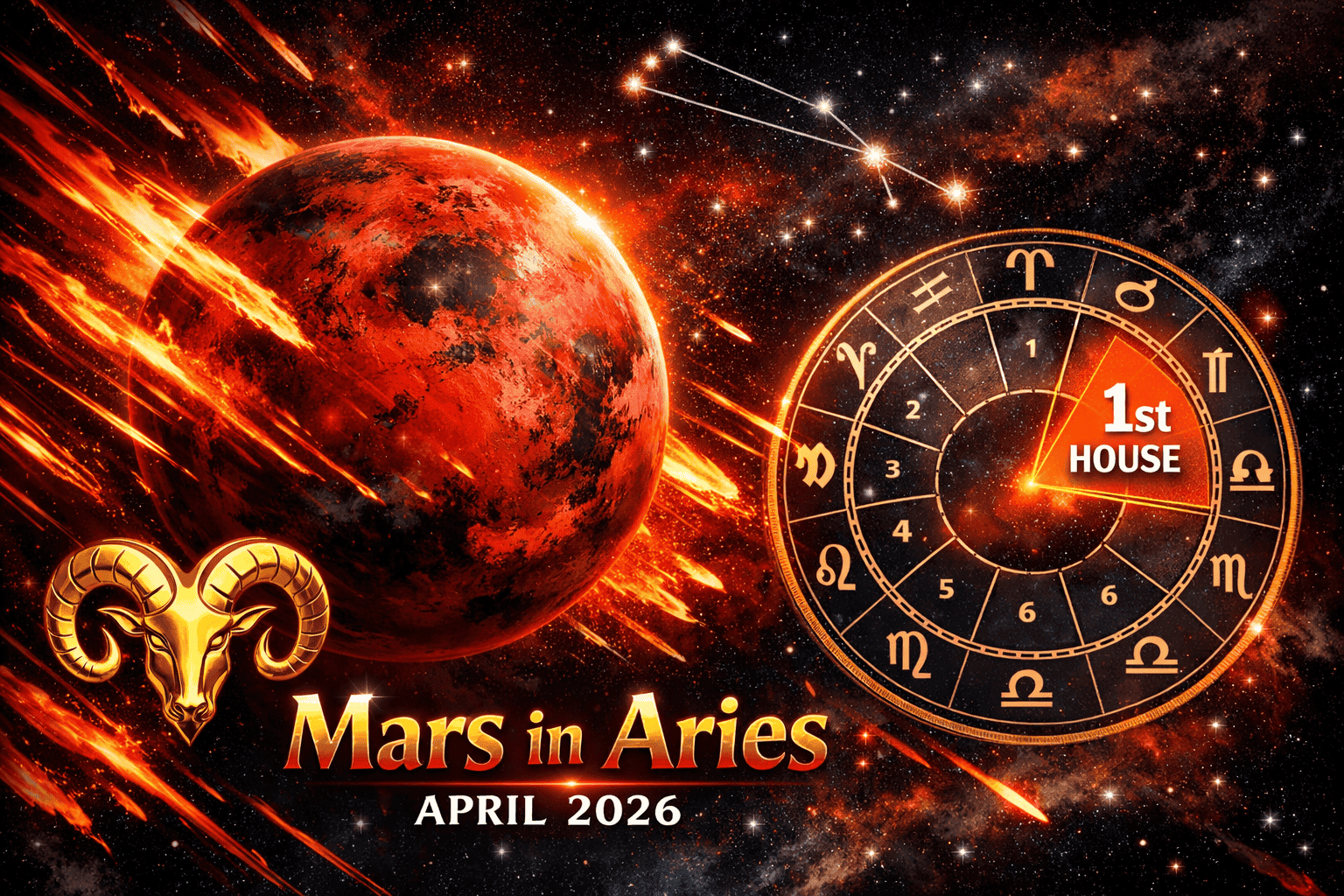 () dynamic image of Mars as a crimson-red planet blazing in early Aries, depicted with warrior energy: flame trails, ram