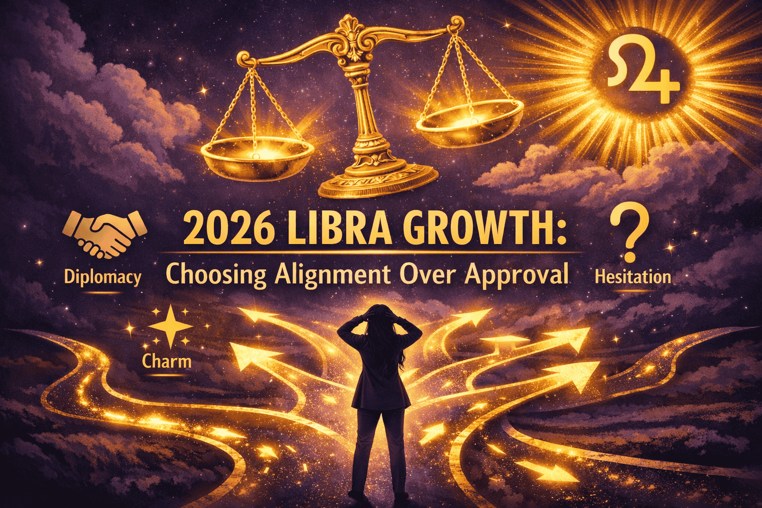 () dynamic infographic-style illustration showing a Libra figure standing at a crossroads with multiple glowing path arrows,