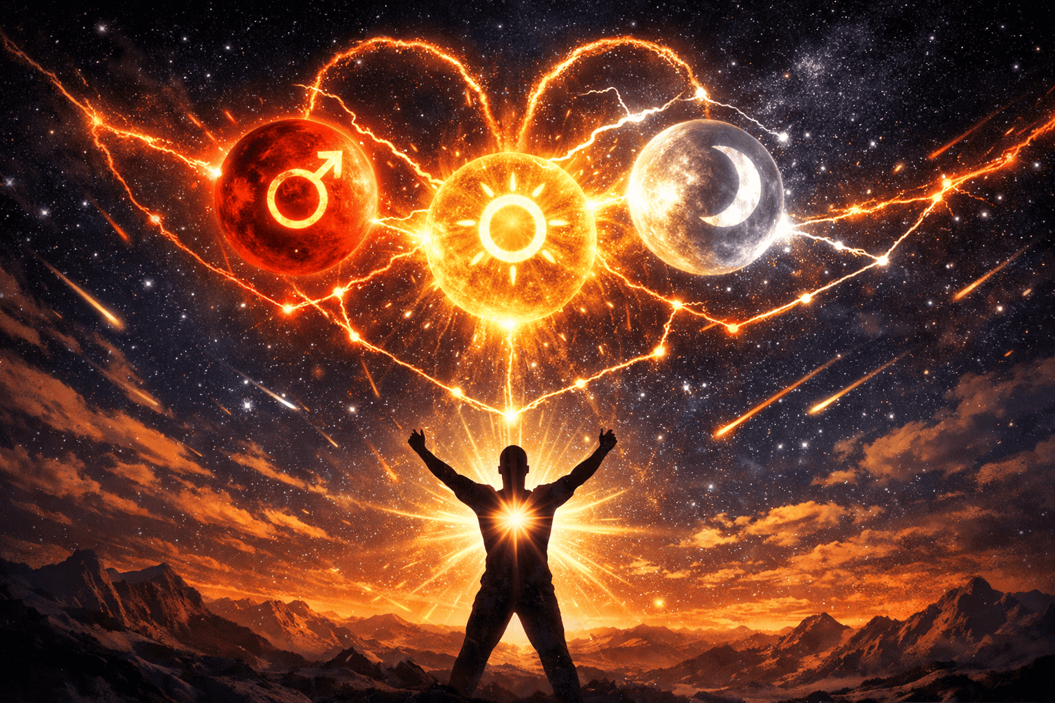 () dynamic scene depicting a mid-April Aries stellium: four glowing planet symbols (Mars, Mercury, Sun, Moon) clustered