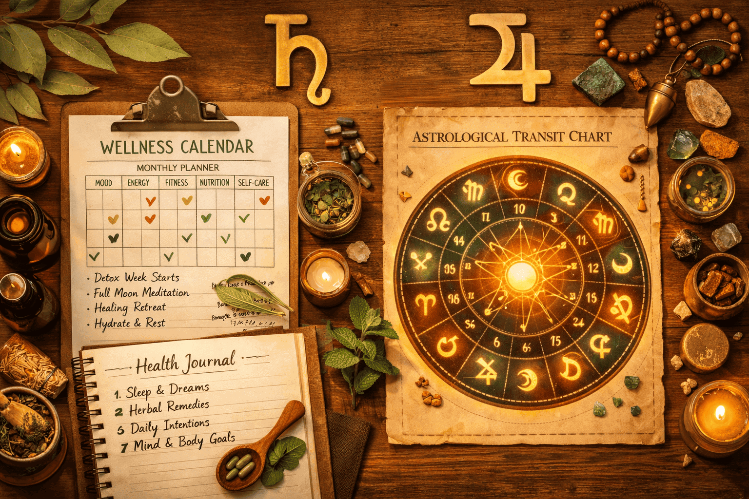 () dynamic scene depicting a wellness calendar and astrological transit chart side by side on a wooden desk, with Saturn and