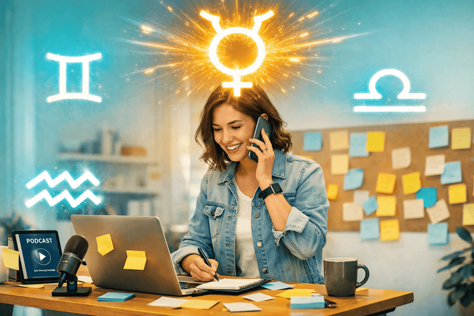() dynamic scene of a quick-witted person multitasking at a standing desk — phone in hand, laptop open, sticky notes