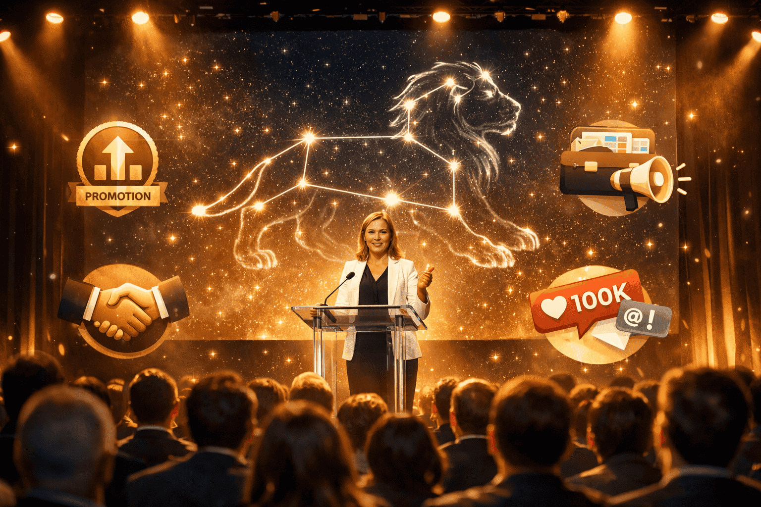 () dynamic scene showing a confident professional standing at a glass podium under warm golden stage lighting, addressing a