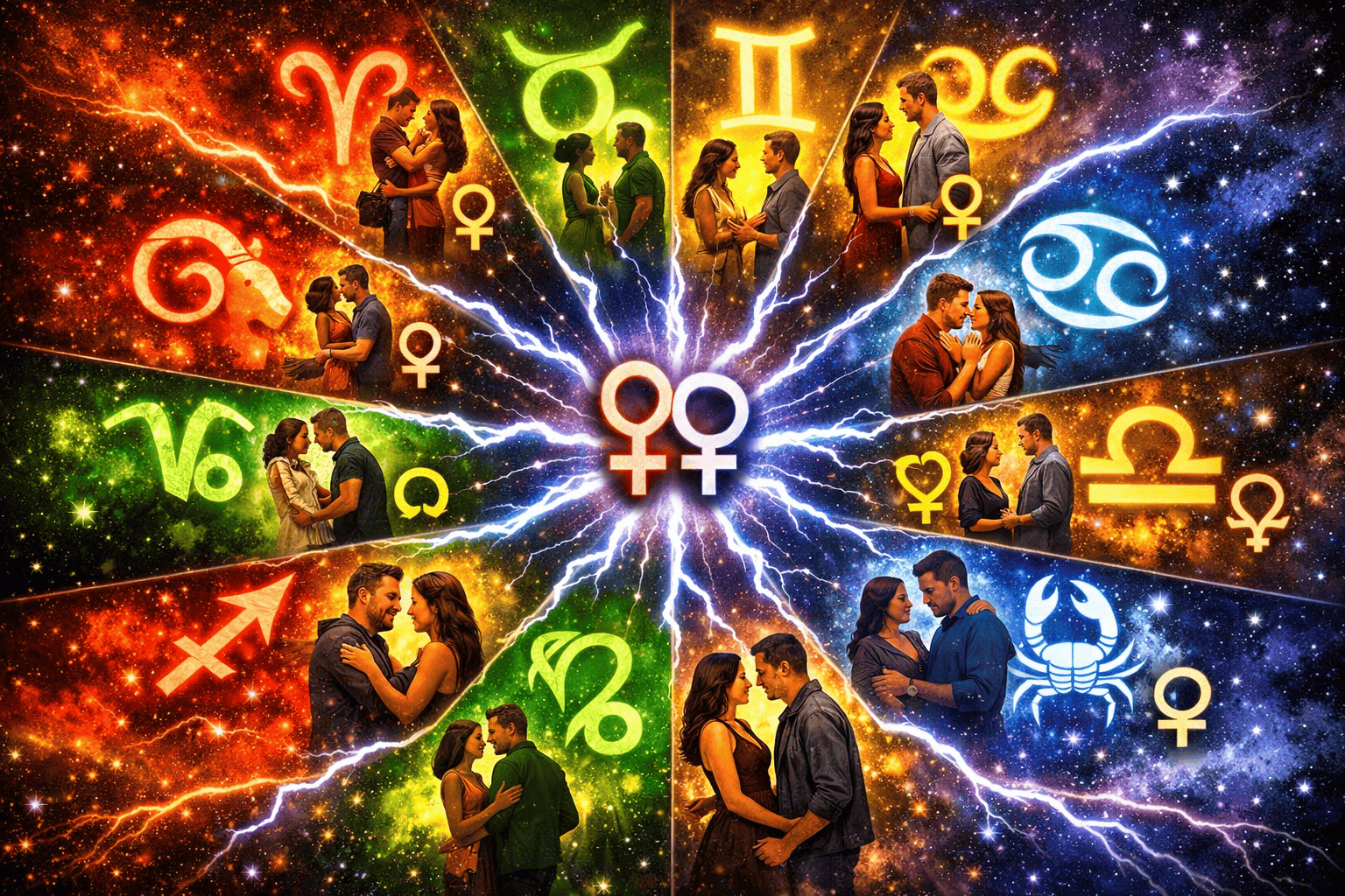 () dynamic split-composition showing 12 zodiac sign symbols arranged in a circular wheel, each glowing in its elemental