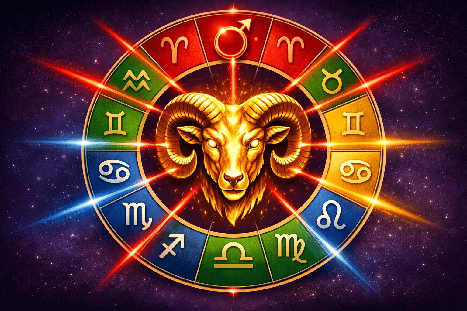 () dynamic split-panel illustration showing twelve zodiac wheel segments arranged in a circle, each segment color-coded by