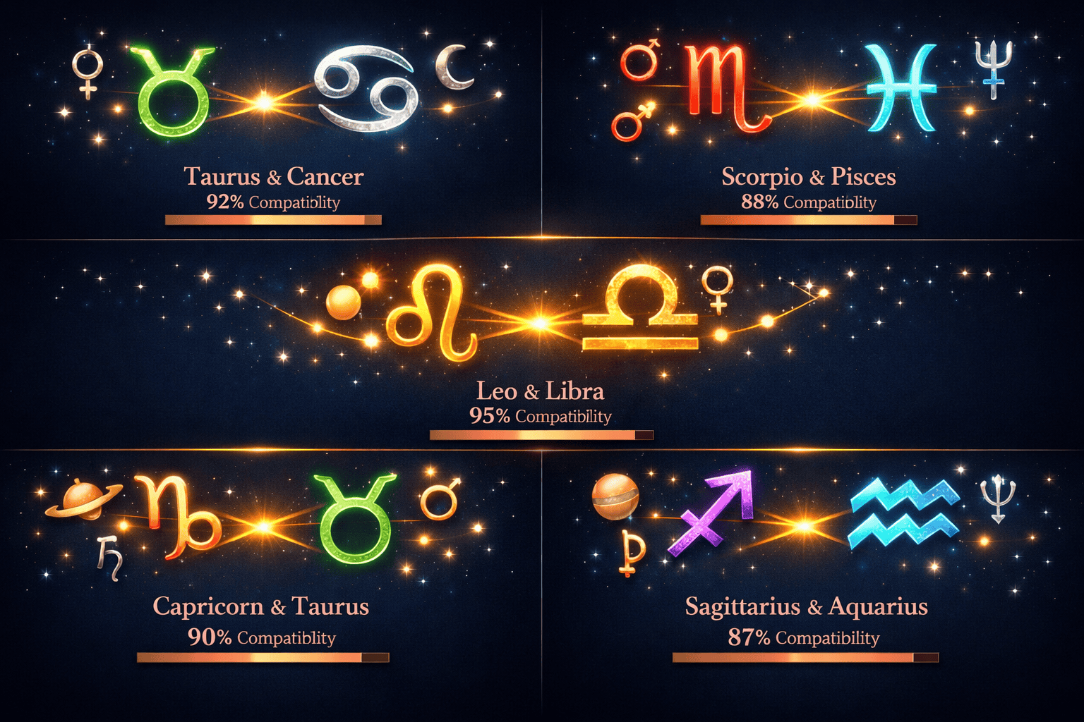 () dynamic split-panel infographic showing five zodiac compatibility pairs as glowing symbol pairs on a deep navy