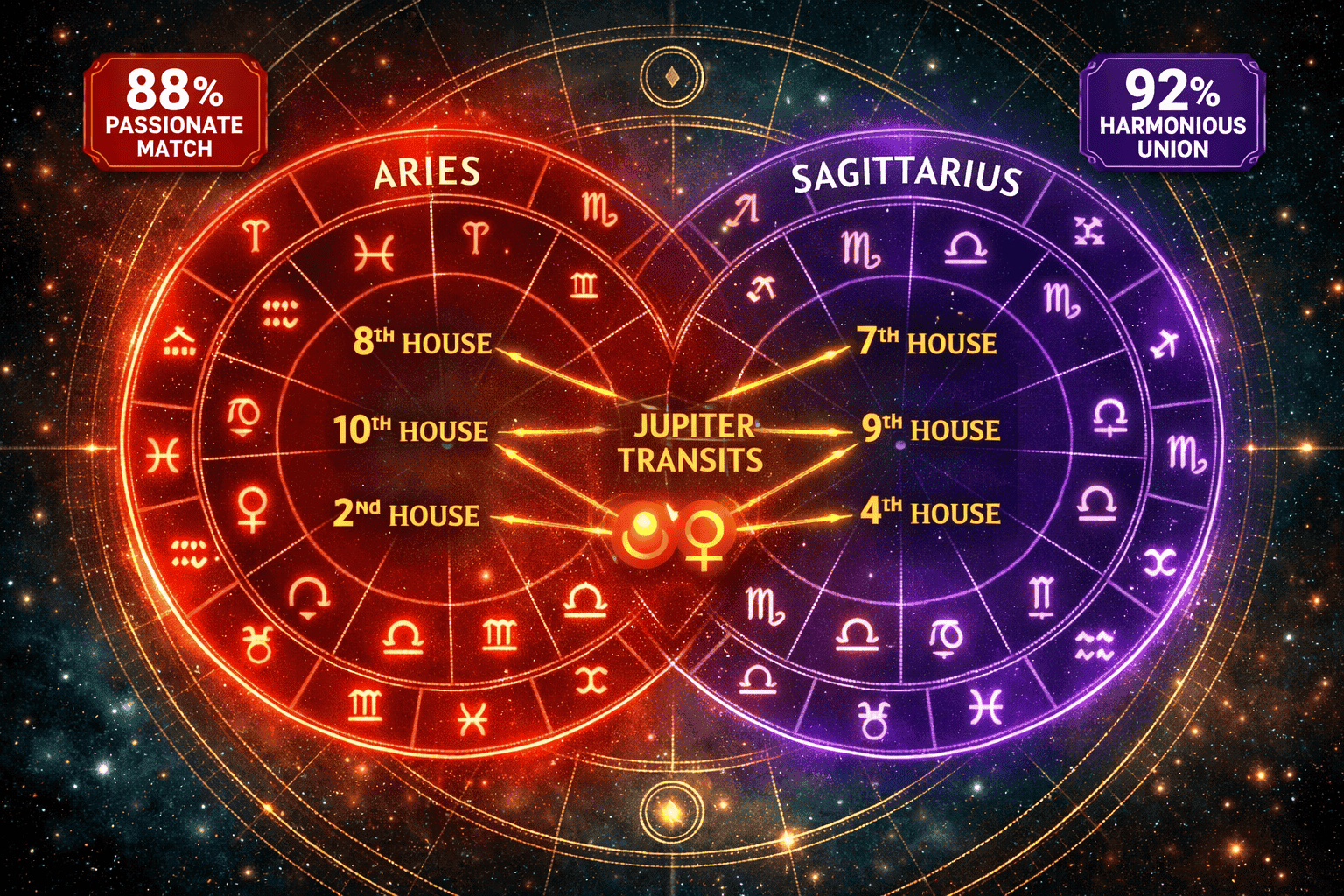 () dynamic synastry chart wheel illustration, two overlapping natal chart circles for Aries and Sagittarius glowing in red