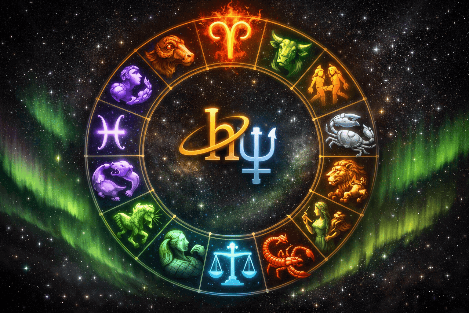 () dynamic zodiac wheel illustration showing all 12 signs arranged in a circle, each sign's glyph glowing in a distinct