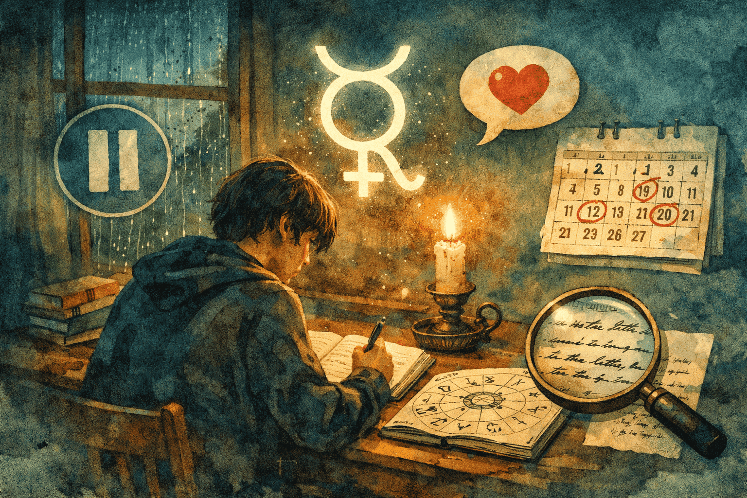 () editorial illustration of a person sitting at a wooden desk near a rain-streaked window, journaling by candlelight with