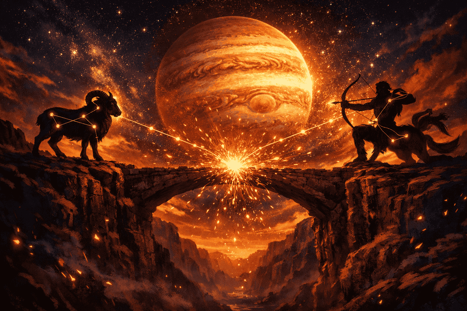 () editorial illustration showing Jupiter as a glowing golden planet dominating a twilight sky, with the Aries ram and