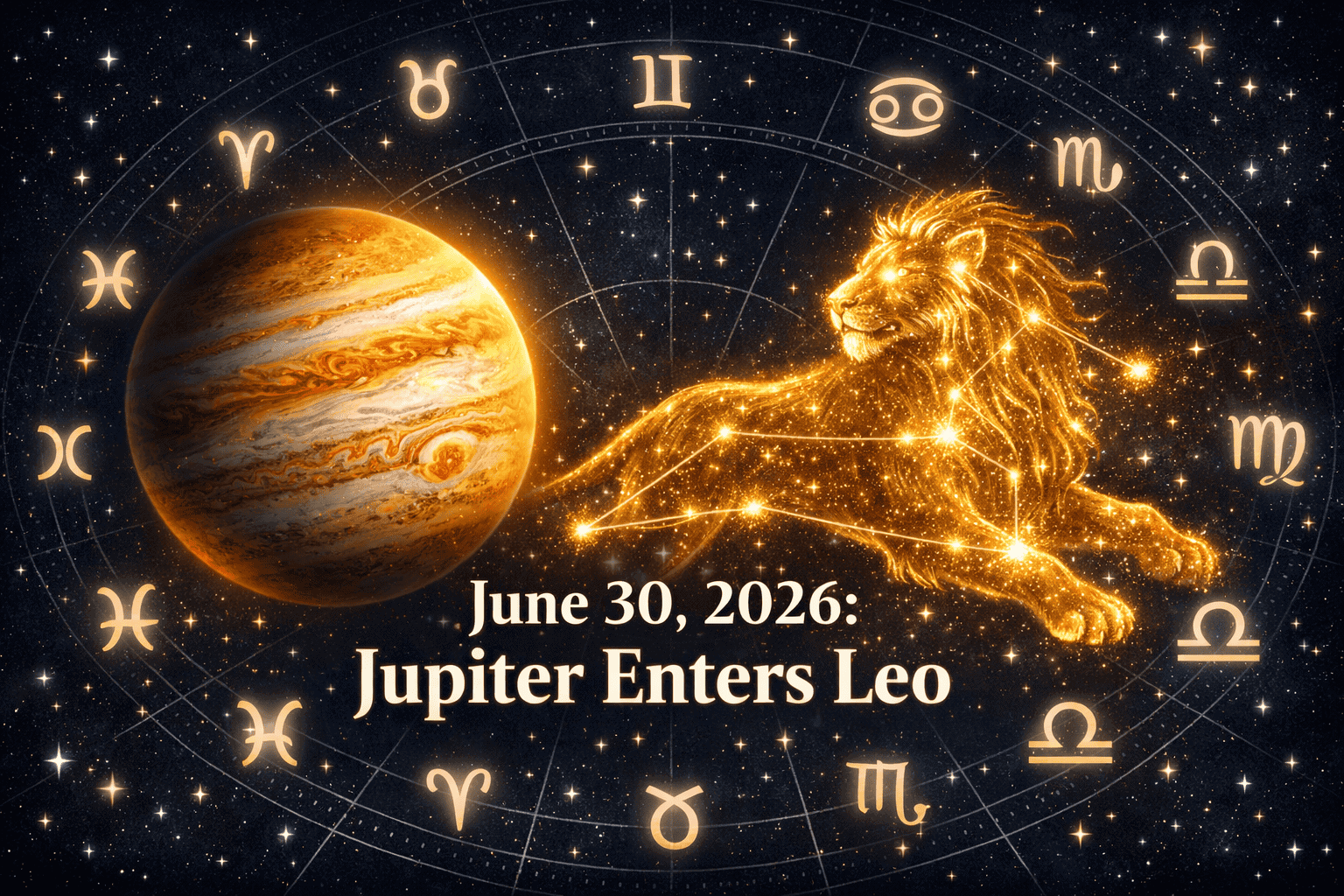 () editorial illustration showing Jupiter as a massive glowing amber planet entering the constellation Leo, depicted as a