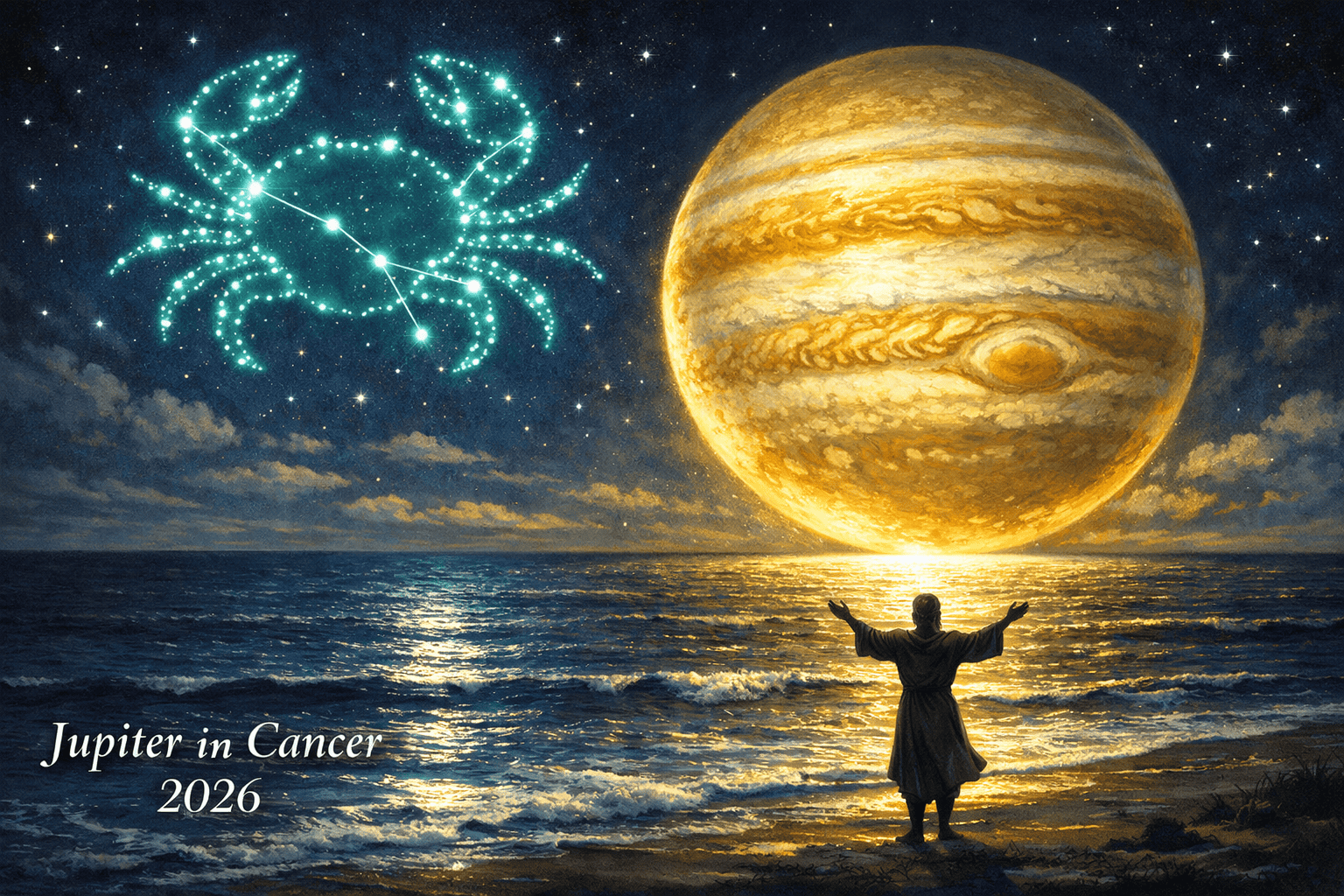 () editorial illustration showing Jupiter as a massive luminous gold planet hovering above a moonlit ocean, with the Cancer