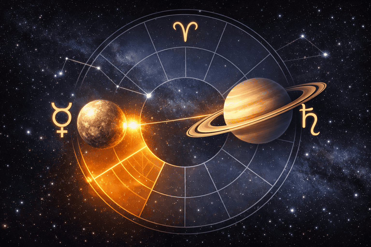 () editorial illustration showing Mercury and Saturn as luminous planets in close alignment within the Aries constellation,