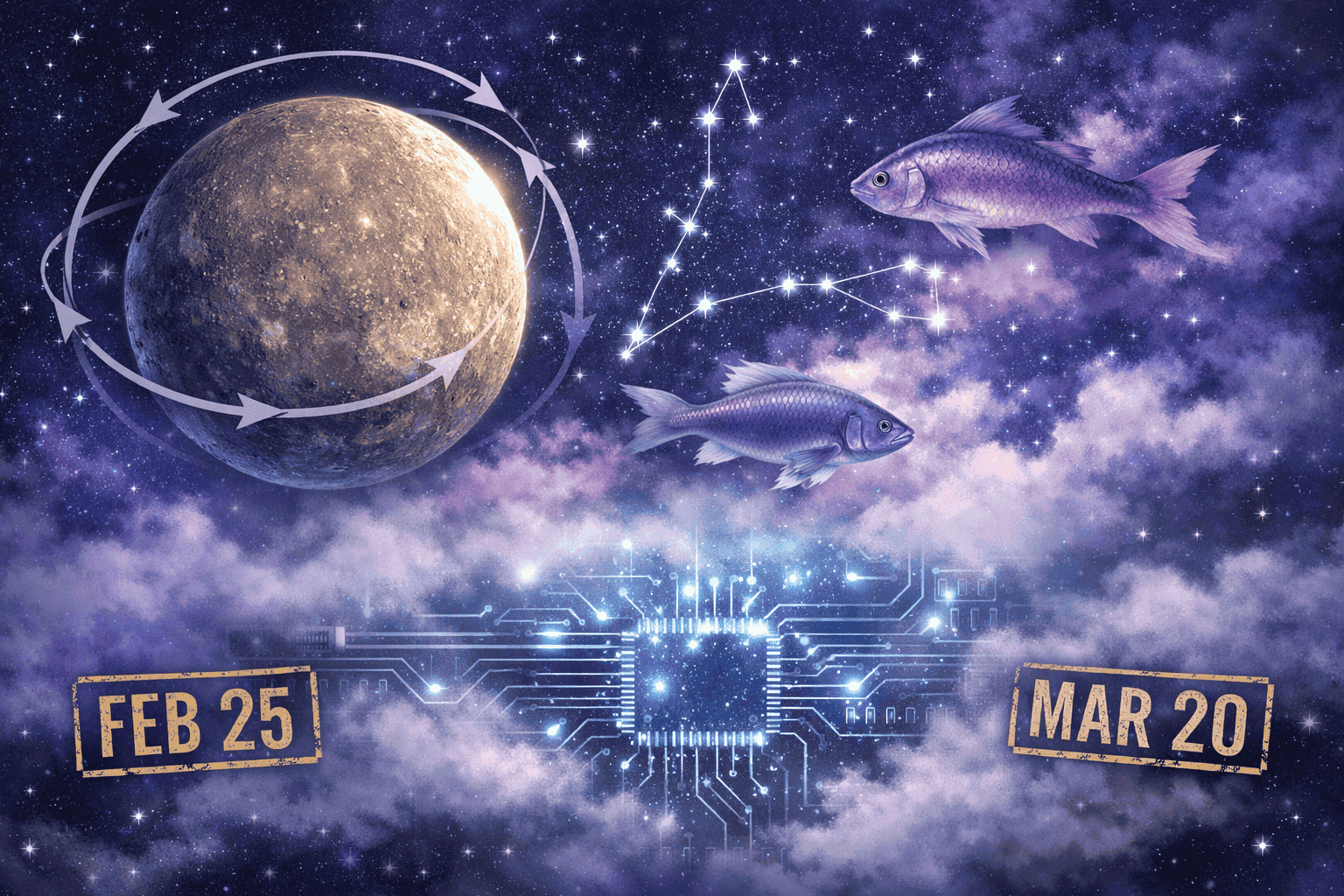 () editorial illustration showing Mercury planet in retrograde motion with backward-curving orbital path arrows over a