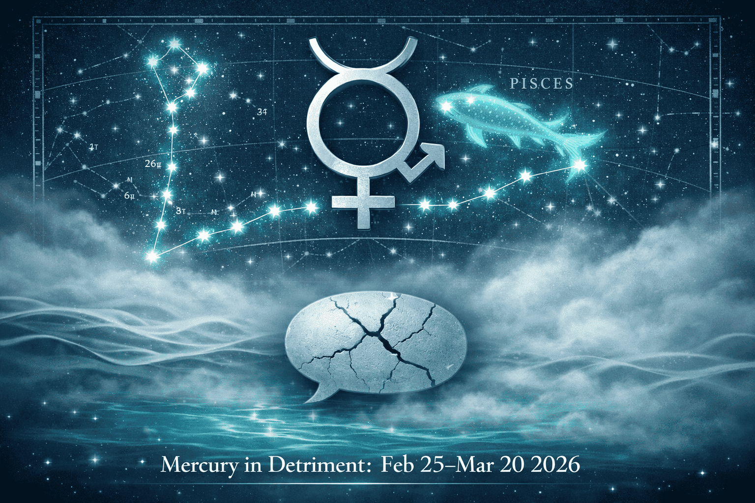 () editorial illustration showing Mercury retrograde symbol overlaid on a Pisces constellation map, with wavy water lines