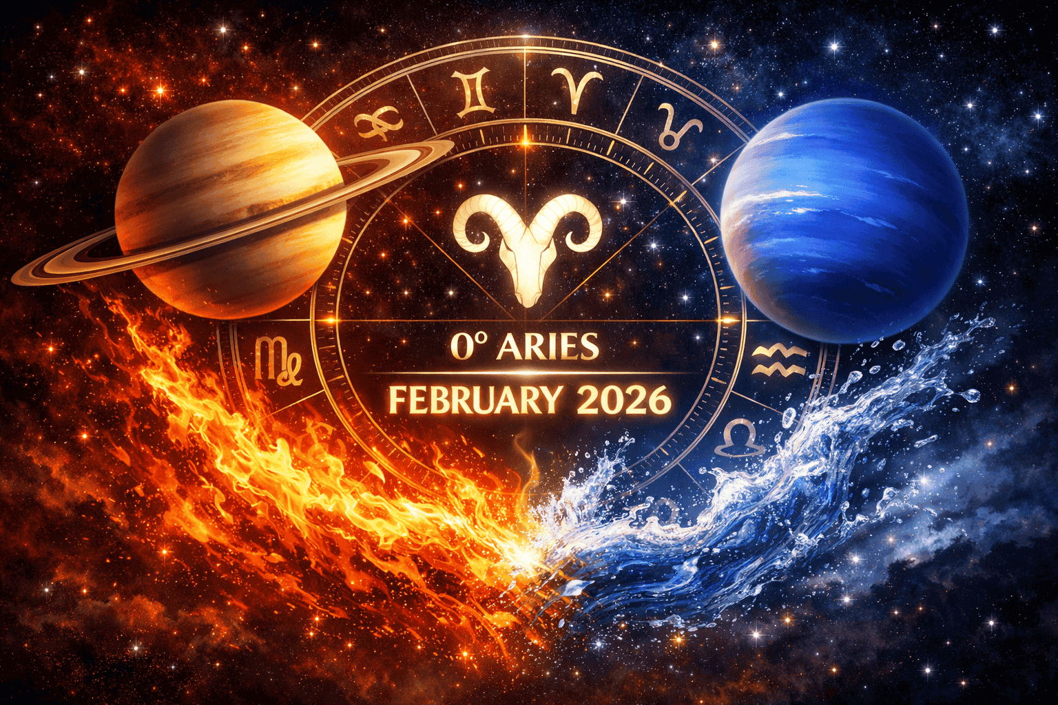 () editorial illustration showing Saturn and Neptune planets side by side above the 0-degree Aries point on a celestial