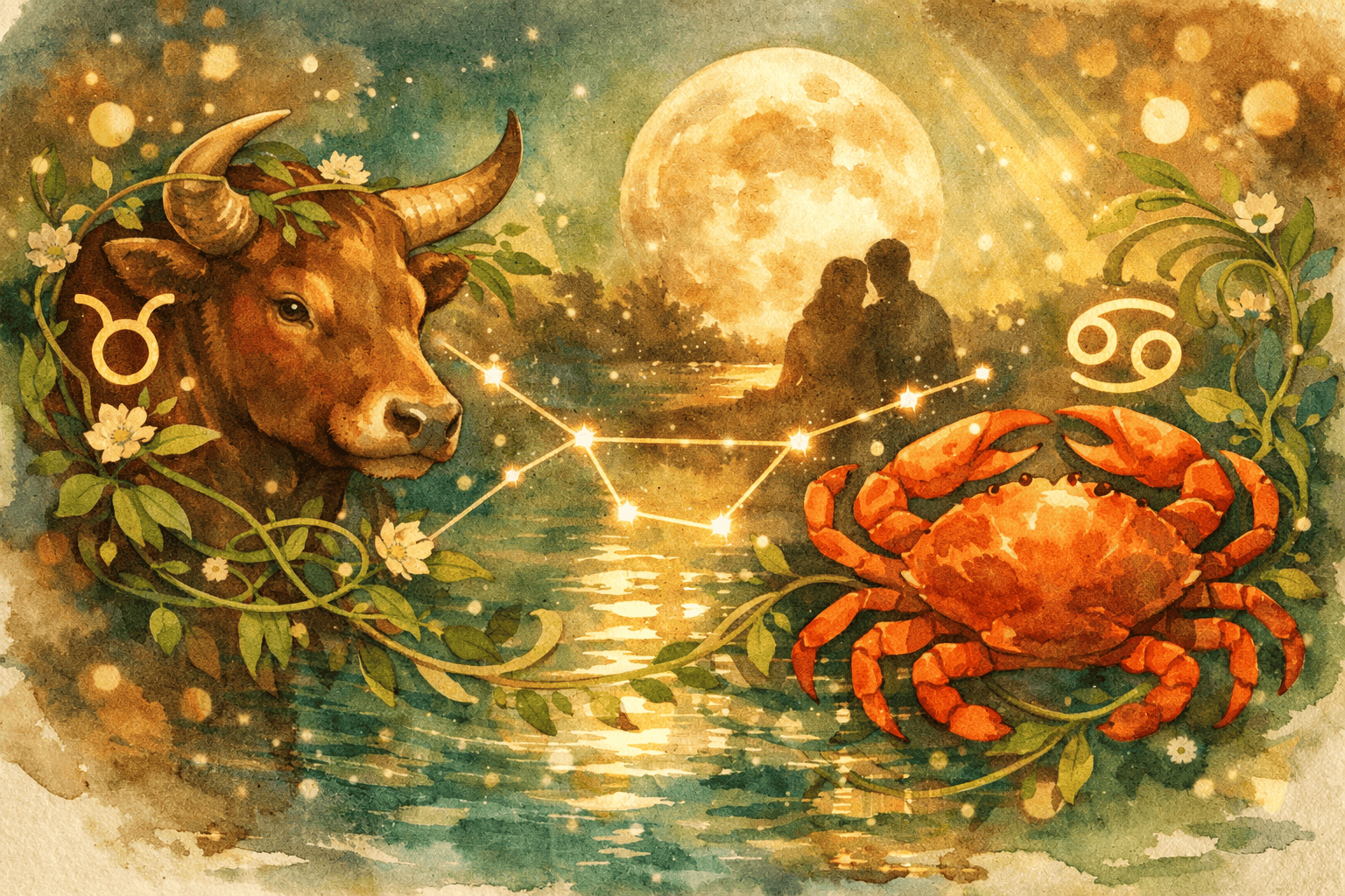 () editorial illustration showing Taurus bull and Cancer crab zodiac symbols intertwined with soft green vines and moonlit