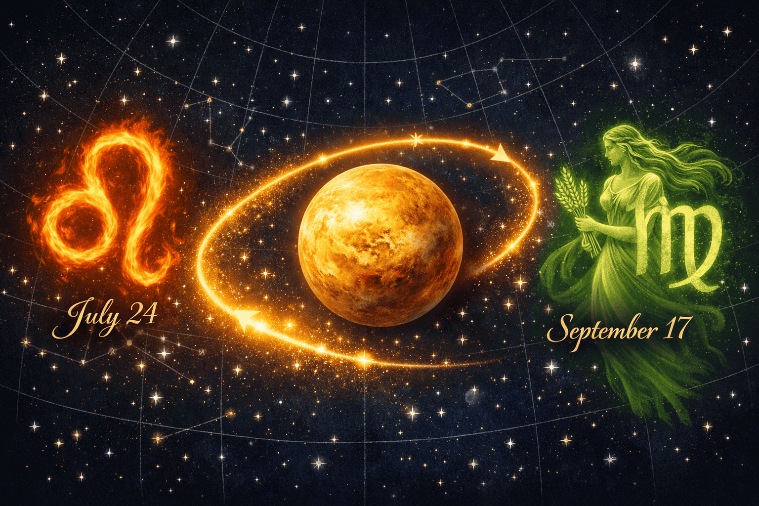 () editorial illustration showing Venus as a luminous golden planet moving in a backward arc through a starfield, with Leo's