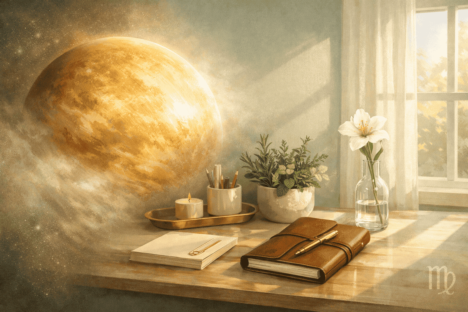 () editorial illustration showing Venus as a luminous golden planet transitioning into a Virgo-themed environment: a serene
